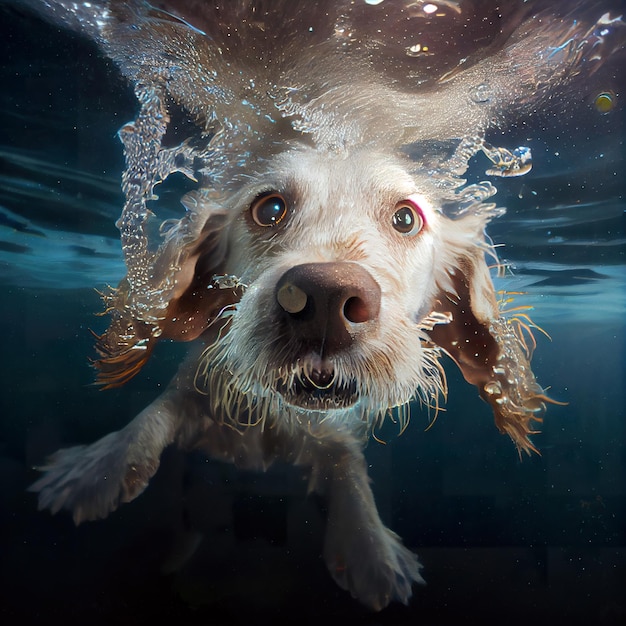 closeup wide angle underwater photo upshot of a dog underwater