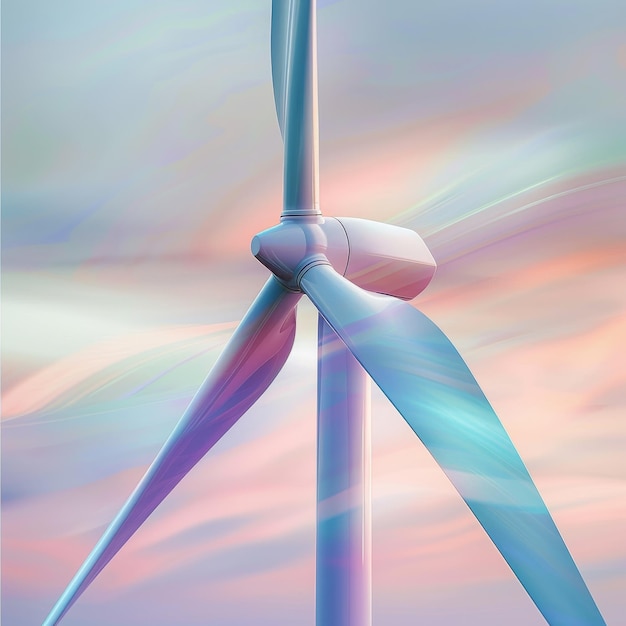 Photo closeup of a wind turbine against a vibrant pastel sky showcasing renewable energy and the future of power