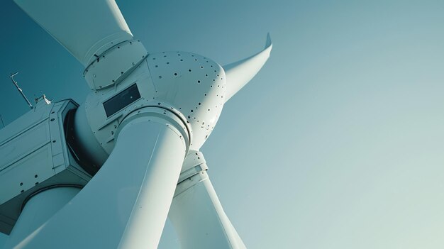 Photo closeup of wind turbine blade against clear sky for renewable energy theme