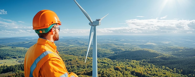 Closeup of a wind turbine rotor being inspected by a technician in highvisibility gear under a bright blue sky showcasing sustainable technology