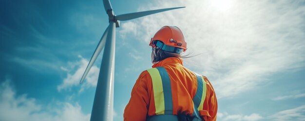 Closeup of a wind turbine rotor being inspected by a technician in highvisibility gear under a bright blue sky showcasing sustainable technology