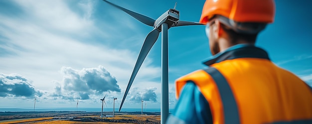 Closeup of a wind turbine rotor being inspected by a technician in highvisibility gear under a bright blue sky showcasing sustainable technology