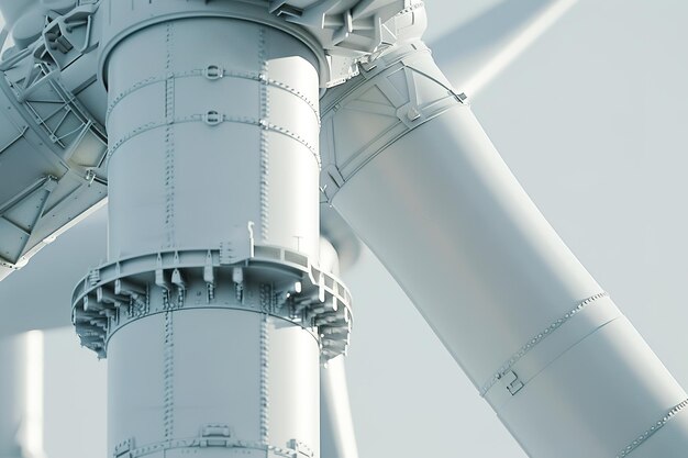 Closeup of a wind turbines structure against a clear sky illustrating sustainable energy