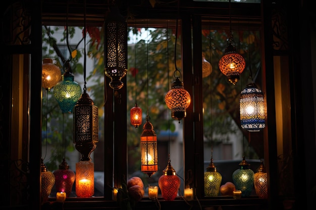 Closeup of window with lanterns and decorations visible from the outside created with generative ai