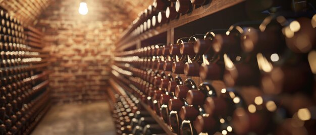 Closeup of a wine cellar with meticulously arranged wine bottles glowing warmly under soft lighting