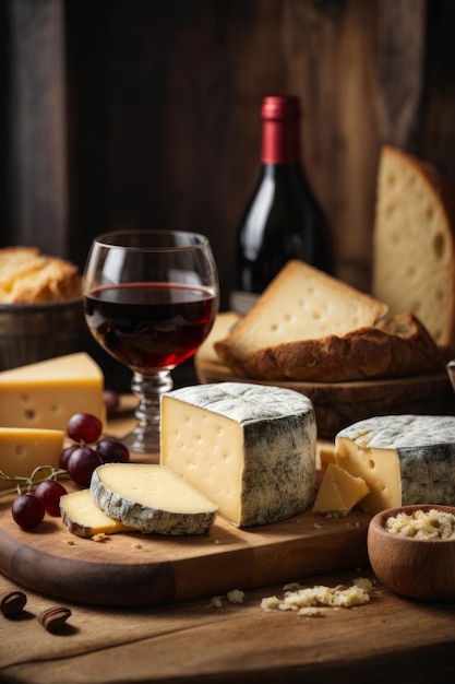 Closeup of wine and cheese served on a wooden board on the table Gourmet food agriculture farms own production natural products concepts