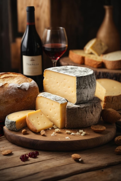 Closeup of wine and cheese served on a wooden board on the table Gourmet food agriculture farms own production natural products concepts