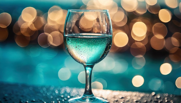 Closeup of wine glass with water Water drops Refreshing drink Blue tones