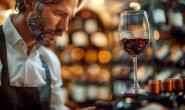 Photo closeup of a wine sommelier pouring a glass of aged wine