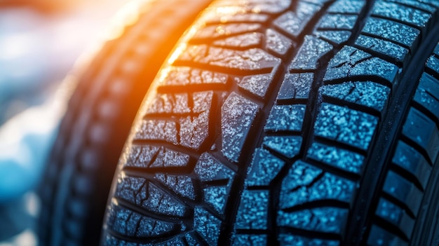 Photo closeup of winter car tires detail of tire tread in snow with soft golden morning sunlight