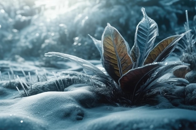 Closeup of a winter plant covered in snow Generative AI