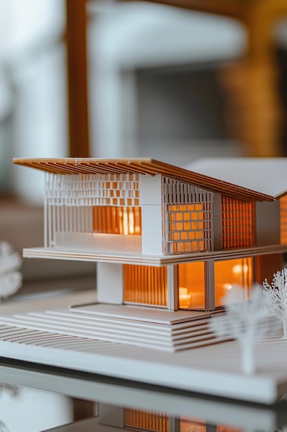 Photo closeup with a 3d printed house prototype showcasing technology in real estate