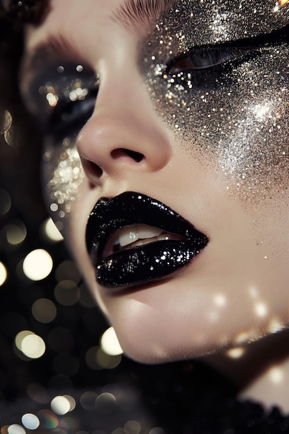 Closeup with glittery black eye makeup