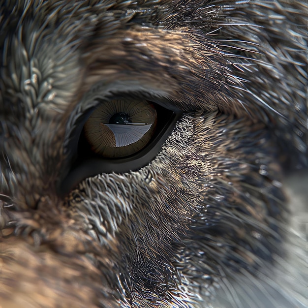 Closeup of a wolfs eye with detailed fur