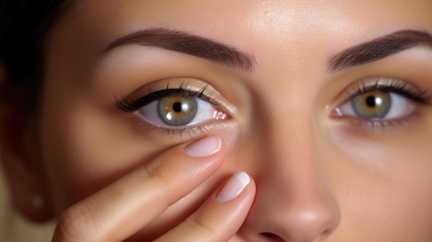 Closeup of a woman applying eye cream fading away the dark circles and puffiness under her eyes