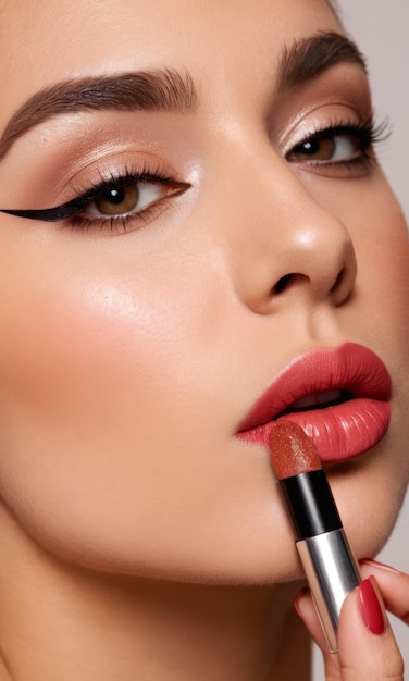 Closeup of a woman applying red lipstick focusing on expressive eyes and cat eye makeup