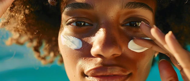 Photo closeup of a woman applying sunscreen on face concept of skin protection sun care and beauty bright sunny outdoor setting