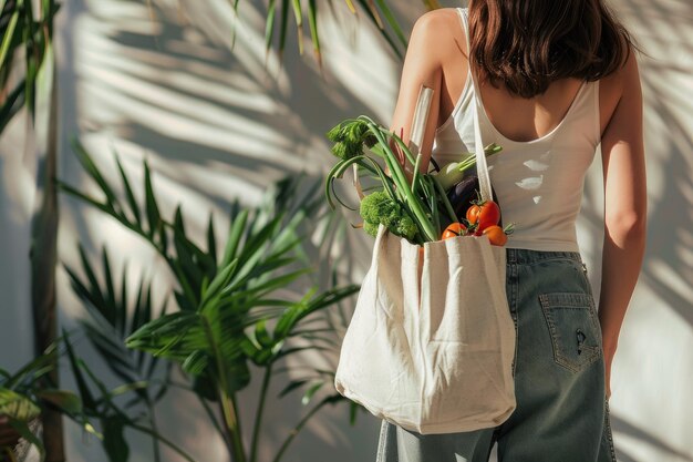 Closeup woman carrying ecological bag with vegetables