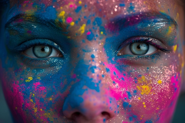 Closeup of woman in colorful Holi paints