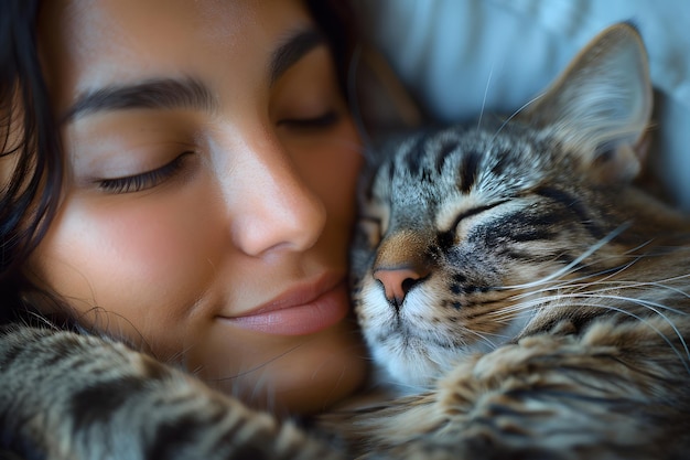 CloseUp of Woman Cuddling Sleeping Tabby Cat Cozy Comfort and Animal Companionship