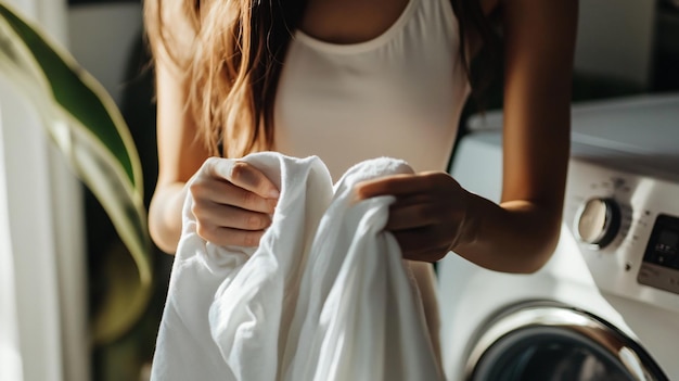 Photo closeup of woman doing laundry at home efficient and productive task