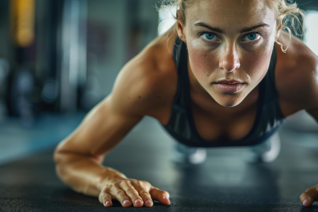 Photo closeup of woman doing pushups fitness center determined and strong copy space for text