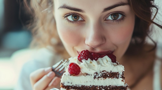 Photo closeup of woman eating delicious cream cake