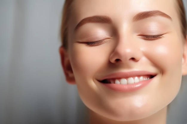 Closeup of woman face with eyes closed smiling and feeling fresh after morning routine