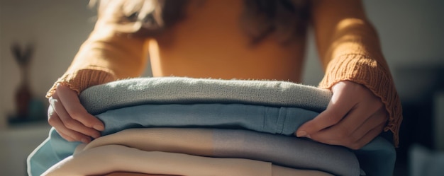 Closeup of a woman folding laundry with neatly stacked clothes in a cozy home setting emphasizing