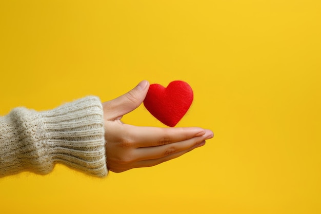 Photo closeup of a woman giving a heart to a man on a yellow background donation concept