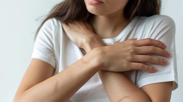 Photo closeup of a woman grimacing while touching her face expressive design