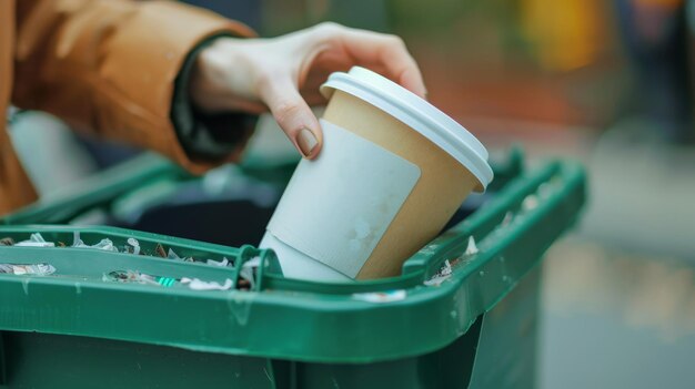 Closeup woman hand throwing empty paper coffee cup in recycling bin Recycle