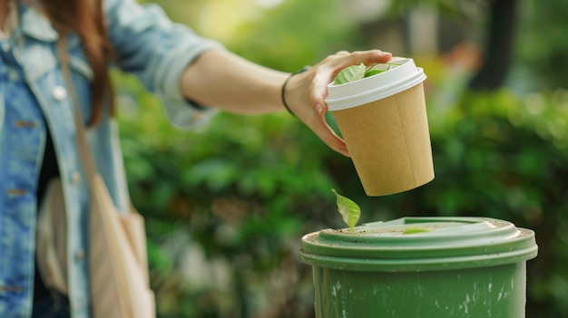 Closeup woman hand throwing empty paper coffee cup in recycling bin Recycle