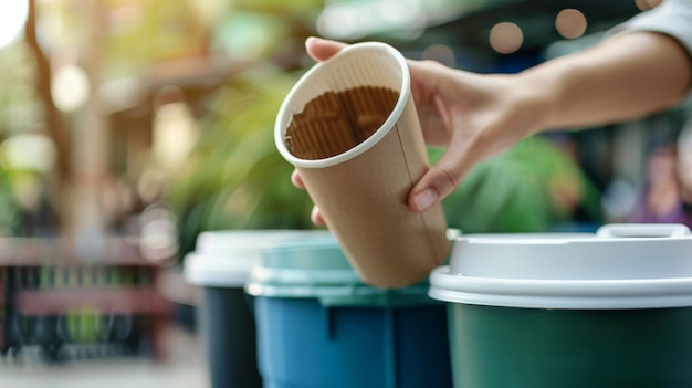 Closeup woman hand throwing empty paper coffee cup in recycling bin Recycle