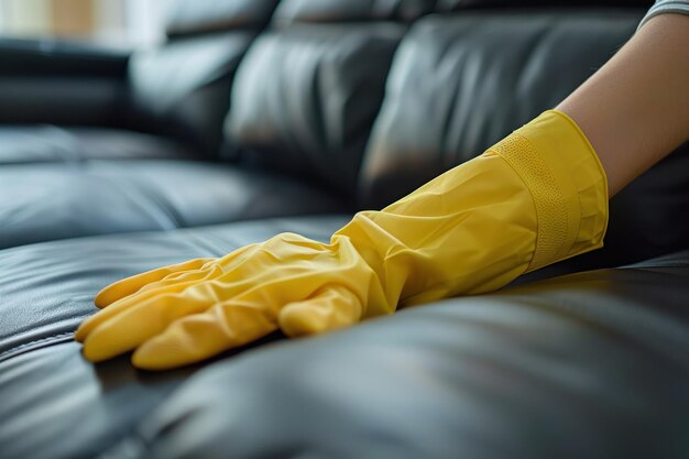 Closeup woman hand in yellow glove cleaning black leather sofa ai generative