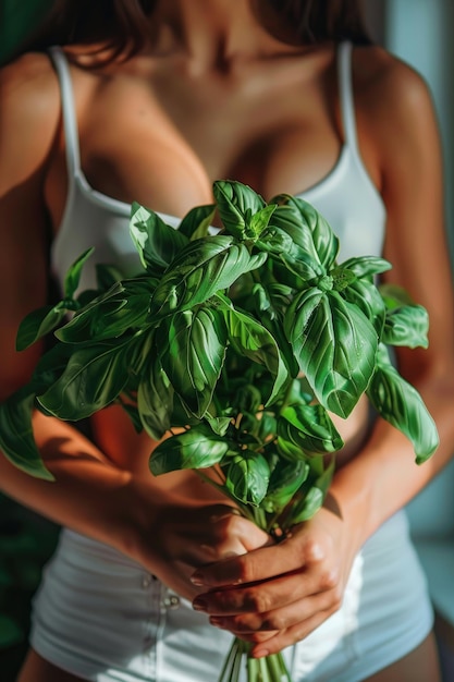 closeup of a woman holding basil in her hands Selective focus