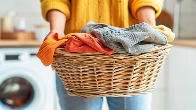 Closeup of a woman holding a basket of dirty clothes in the kitchen at home