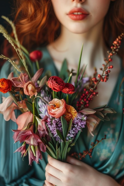 closeup of a woman holding a bouquet of flowers Selective focus