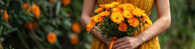 closeup of a woman holding a bouquet of marigolds Selective focus