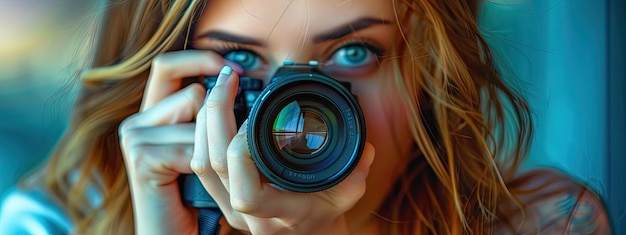 Photo closeup of a woman holding a camera lens selective focus