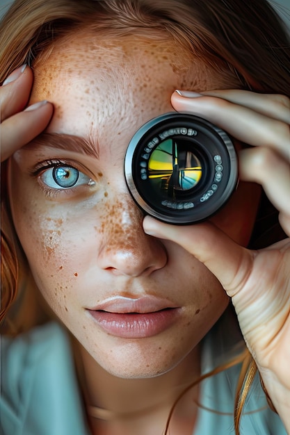 closeup of a woman holding a camera lens Selective focus