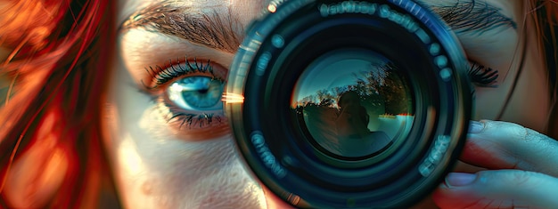 closeup of a woman holding a camera lens Selective focus