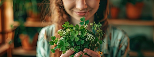 closeup of a woman holding a clover in her hands Selective focus