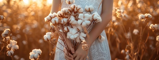 closeup of a woman holding cotton flowers in her hands Selective focus