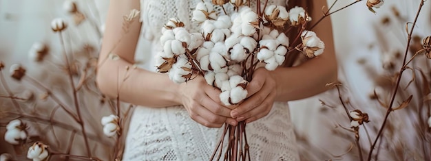 closeup of a woman holding cotton flowers in her hands Selective focus