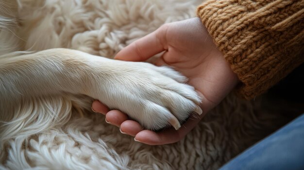 Photo closeup of a woman holding a dog39s paw