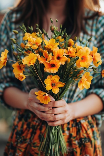 closeup of a woman holding an escholtia in her hands Selective focus