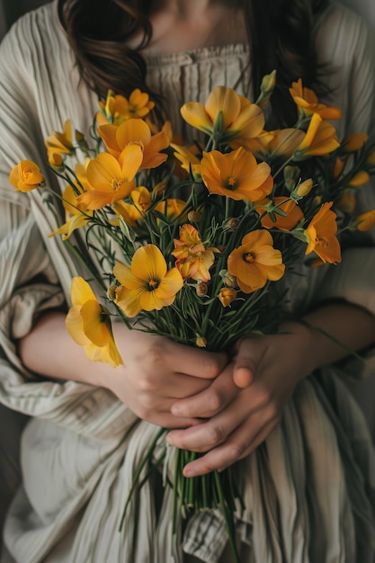 closeup of a woman holding an escholtia in her hands Selective focus