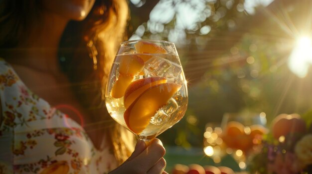 Photo closeup of a woman holding a glass of peach spritz cocktail with ice and peach slices in a garden