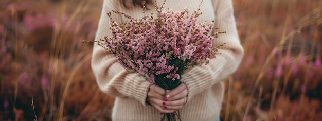 closeup of a woman holding heather flowers in her hands Selective focus